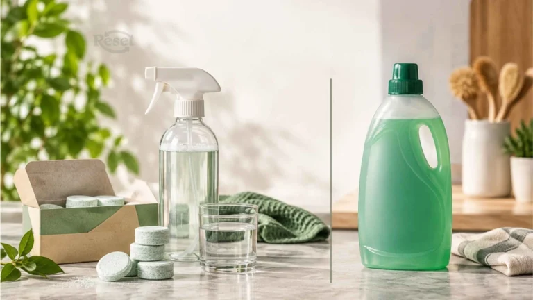 una botella con tabletas de limpieza y una botella con limpiador verde separadas por una linea negra en un mismo espacio Tabletas o líquidos: cuánto cuesta realmente cada litro de limpiador reset colombia
