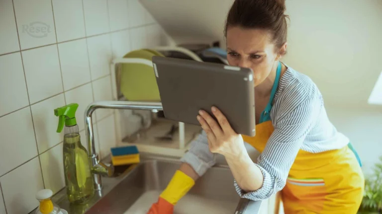 mujer limpiando el fregadero mientras observa en la tablet con detenimiento Cómo funcionan las tabletas (o pastillas) de limpieza reset colombia